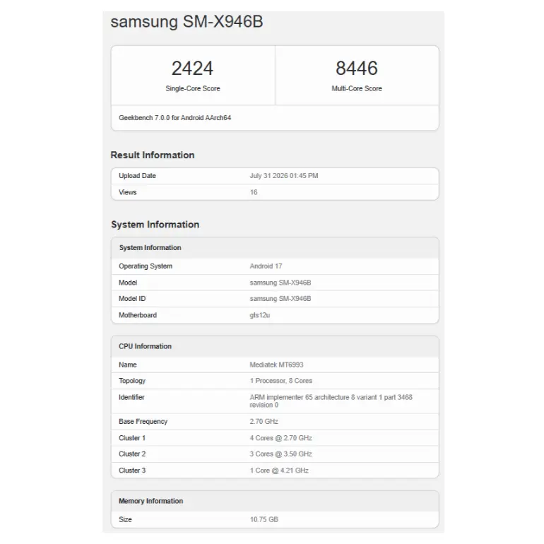 Samsung Galaxy Tab S12 Ultra Muncul di Geekbench dengan Chipset Dimensity 9500
